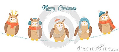 Vector set of cute winter owls for merry christmas, new year. Flat illustration of owl dressed in santa wear, hat, deer Vector Illustration