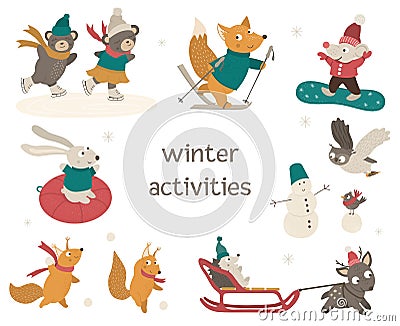 Vector set of cute woodland animals doing winter activities. Funny forest characters with ski, skates, sleigh Vector Illustration