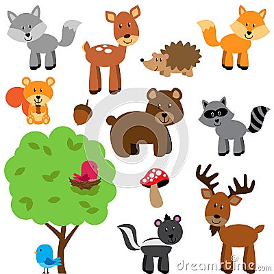 Vector Set of Cute Woodland and Forest Animals Vector Illustration