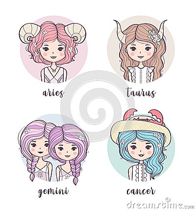 Vector set of cute zodiac girls Vector Illustration
