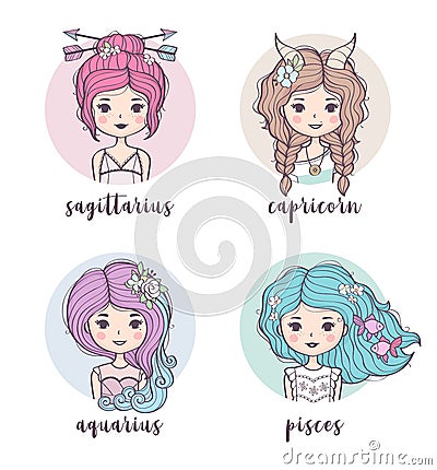 Vector set of cute zodiac girls Vector Illustration