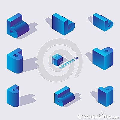 Vector set with 3d isometric russian letters soft sign or front yer in blue gradients. Various foreshortening and views for Stock Photo