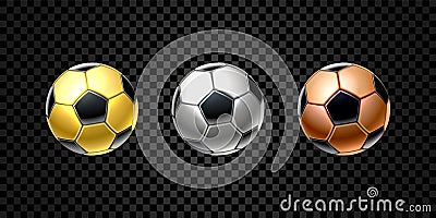 Vector set of 3d realistic football ball in golden, silver and bronze color for soccer isolated on transparent Vector Illustration