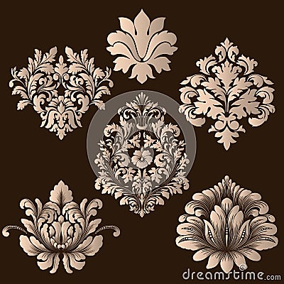 Vector set of damask ornamental elements. Elegant floral abstract elements for design. Perfect for invitations, cards Vector Illustration