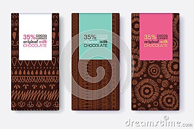 Vector Set Dark Brown Of Chocolate Bar Package Designs With Modern Tribal Ikat Patterns and Colorful Rectangle Frames Vector Illustration