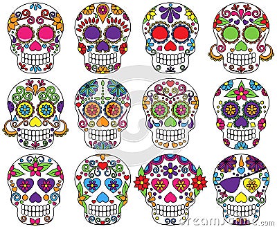 Vector Set of Day of the Dead Skulls Vector Illustration