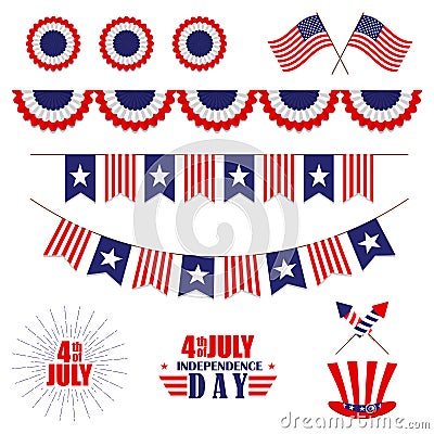 Vector set of decoration for 4th of July. Bunting for USA Independence Day. Isolated on white. Vector Illustration