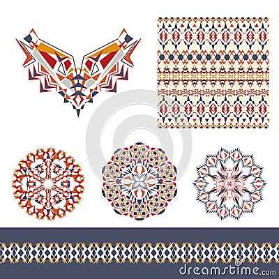 Vector set of decorative elements for design and fashion in ethnic tribal style. Neckline, seamless, border and mandala patterns Vector Illustration