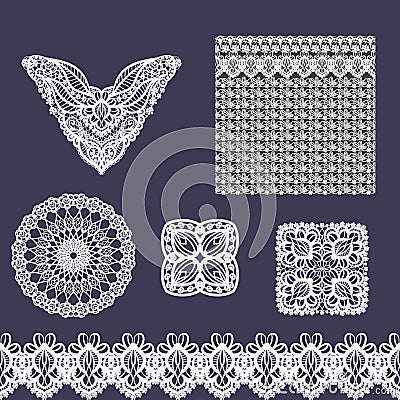 Vector set of decorative lace elements for design and fashion in ethnic indian style. Neckline, seamless, border and patterns Vector Illustration