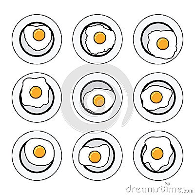 Vector set of delicious fried eggs on plates Vector Illustration