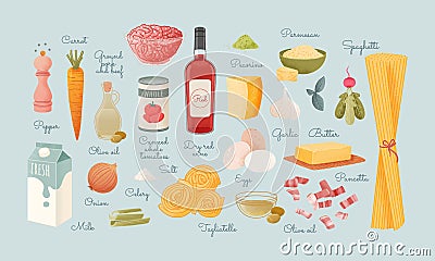 Vector set delicious store products. Postcard with different types of food: pasta, vegetables, meat and tomato paste Vector Illustration