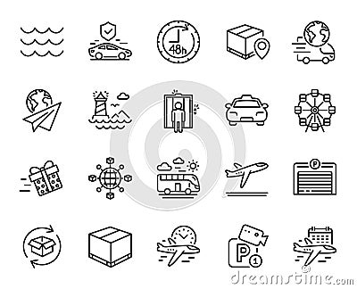 Vector set of Delivery service, Departure plane and Parking garage line icons set. Vector Vector Illustration