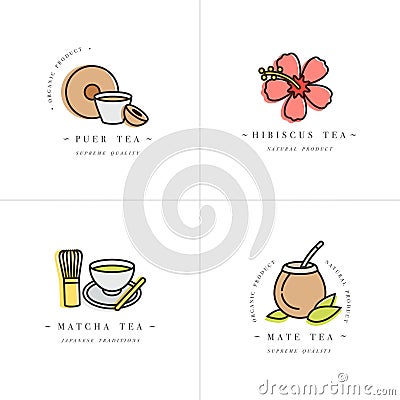 Vector set design colorful templates logo and emblems - organic herbs and teas . Different teas icon-puer, hibiscus Vector Illustration