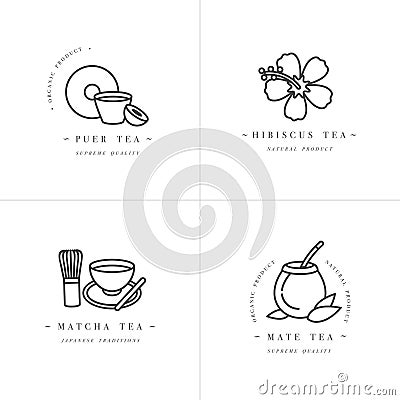 Vector set design monochrome templates logo and emblems - organic herbs and teas . Different teas icon-puer, hibiscus Vector Illustration