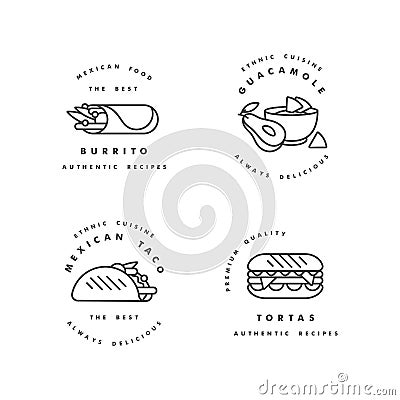 Vector set of design templates logos and emblems - mexican food. Mexican national traditional food. Logos in trendy Vector Illustration