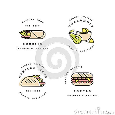 Vector set of design templates logos and emblems - mexican food. Mexican national traditional food. Logos in trendy Vector Illustration