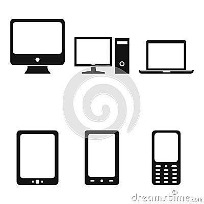 Vector Set of Device Icons. Personal Computer, Monitor, Laptop, Tablet PC, Smartphone and Cellphone Vector Illustration