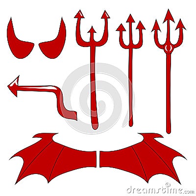 Vector set of the devil. Red devil horn, tail, trident, wings, isolated on white background. Hand Drawing. Vector Illustration. Vector Illustration