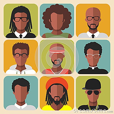 Vector set of different african american man app icons in trendy flat style. Vector Illustration