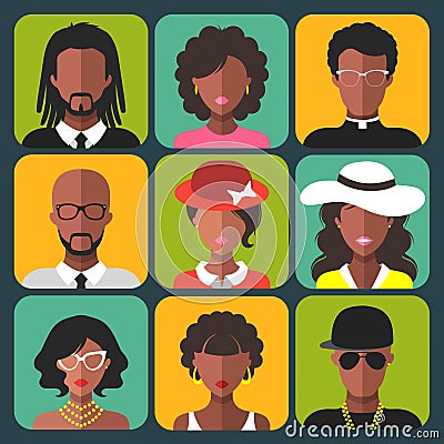 Vector set of different african american women and man app icons in trendy flat style. Vector Illustration