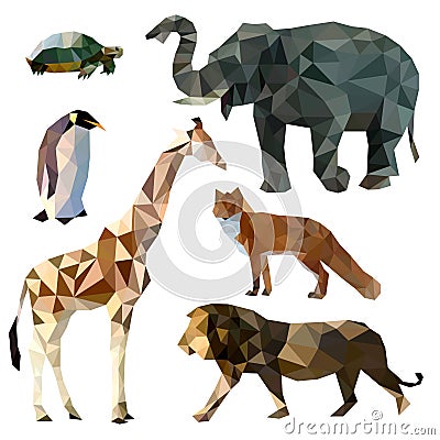 Vector set of different animals, polygonal icons, low poly illustration, fox, lion, elephant, giraffe, turtle, penguin Cartoon Illustration