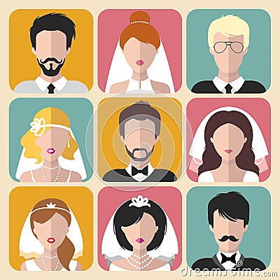 Vector set of the different brides and grooms app icons in trendy flat style. Vector Illustration