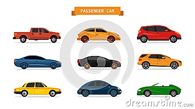 Vector set of different cars isolated on white background. Car icons and design elements. Vector Illustration