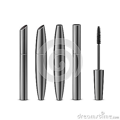 Vector Set of Different Closed Black Realistic Mascara in Dark Shiny Tubes with Brush on White Background Vector Illustration