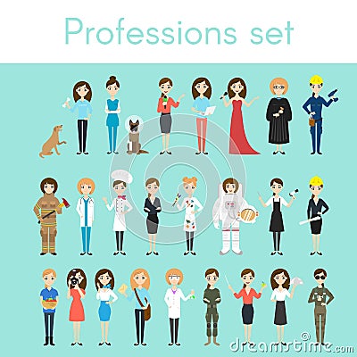 Vector set of different colorful woman professions. Vector Illustration