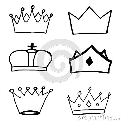 Vector set of different crowns in doodle style. Isolated on white background. Royal imperial coronation symbols. Vector Vector Illustration