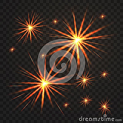 Vector set of different fireworks with shining sparks. Colorful pyrotechnics features elements. Realistic fiery Vector Illustration