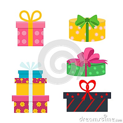 Vector set of different gift boxes. Flat birthday design. Stock Photo