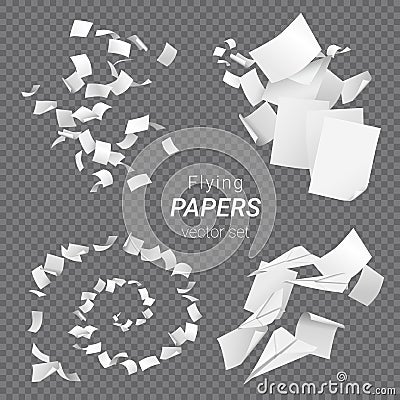 Vector set of different groups of flying papers and paper planes isolated on transparent background Vector Illustration