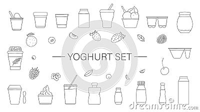 Vector set of different kinds of yoghurt with fruit and berry Vector Illustration