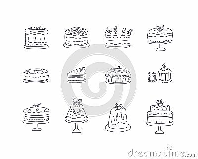 Vector set of different line cakes, pies and cupcakes Vector Illustration