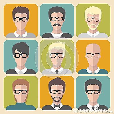 Vector set of different man app icons in glasses in flat style. Vector Illustration