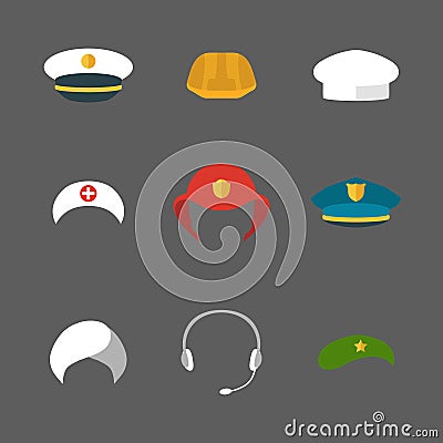 Vector set of different professions hats icons in trendy flat style. Vector Illustration