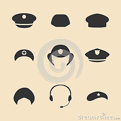 Vector set of different professions hats icons in trendy flat style. Vector Illustration