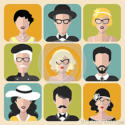 Vector set of different retro flapper girls in different shapes vintage glasses and men in trendy flat style. Vector Illustration