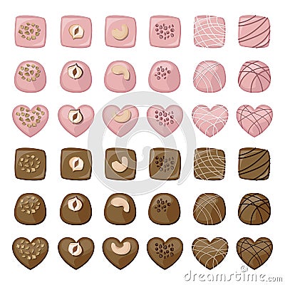 Vector set of different shaped pink and milk chocolate sweets decorated with nuts and cream isolated on white Vector Illustration