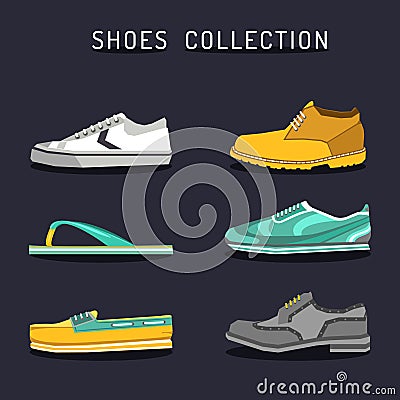Vector set of different shoes icons in flat style. Footwear logos collection. Illustrations of boot, ked, sneacker etc. Vector Illustration