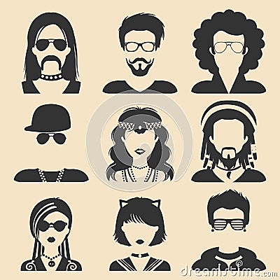 Vector set of different subcultures man and woman app icons in flat style. Goth, raper etc. web images. Vector Illustration