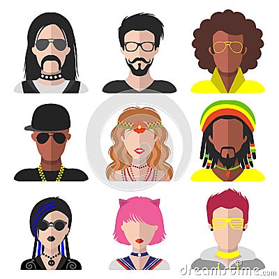 Vector set of different subcultures man and woman app icons in flat style. Goth, raper, hippy, hipster etc. web images. Vector Illustration