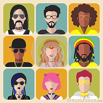 Vector set of different subcultures man and woman app icons in trendy flat style. Goth, raper, hippy, hipster,raver etc. Vector Illustration