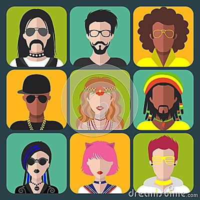 Vector set of different subcultures man and woman app icons in trendy flat style. Goth, raper, hippy, hipster,raver etc. Vector Illustration