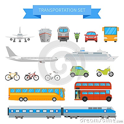 Vector set of different transportation vehicles isolated on white background. Urban transport icons in flat style design Vector Illustration