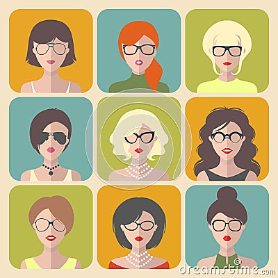 Vector set of different women app icons in glasses in flat style. Vector Illustration