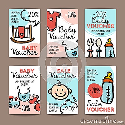 Vector set of discount coupons for baby goods. Colorful doodle style voucher templates. Baby accessories and clothes Vector Illustration