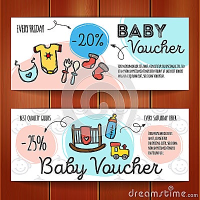 Vector set of discount coupons for baby goods. Colorful doodle voucher templates. Newborn accessories and clothes promo Vector Illustration