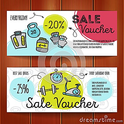 Vector set of discount coupons for sport accessories. Colorful doodle style voucher templates. Gym and fitness equipment Vector Illustration